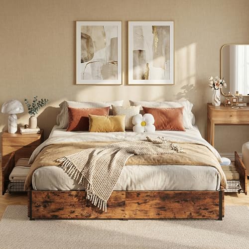 LIKIMIO King Bed Frame with Storage, 4 Drawers and Heavy Strong Metal Support Frames, Solid Stable, Noise-Free, No Box Spring Needed, Easy Assembly, Vintage Brown LIKIMIO