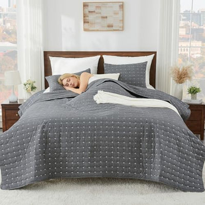 ENJOHOS 100% Cotton King Quilt, King Size Dark Grey Bedspread, Reversible Lightweight Super Coverlet Comforter Bedding with Shams for All Season