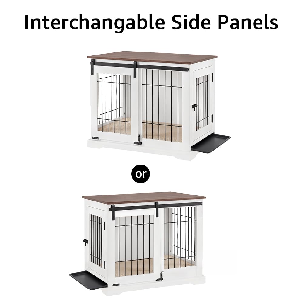 beeNbkks Dog Crate Furniture with Sliding Barn Door, Stylish Double Doors Wooden Kennel with Tray and Cushion, Decorative Indoor Pet House Side End Table for Medium Large Dogs beeNbkks