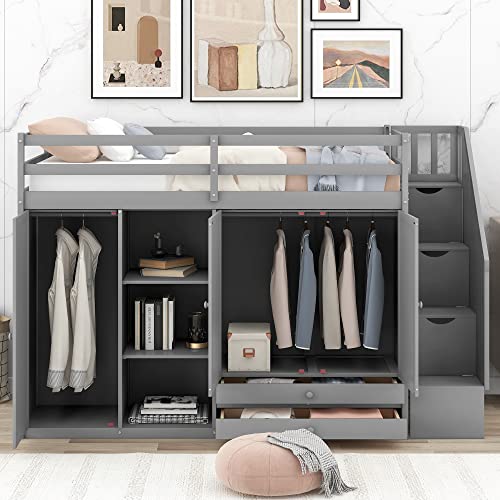 Ball & Cast Twin Size Loft Bed with 3 Shelves and 2 Wardrobes,Wooden Bedframe W/ 2 Drawers & Storage Ladder,Space Saving,Slat Support,Bedroom Furniture for Student Dorms,Guest Rooms,Gray Ball & Cast