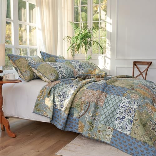 Secgo Queen Comforter Set for Bed - 100% Cotton Quilts Queen Size, Green, Sage Bedspreads (90 * 98 Inch) with 2 Pillow Shams, Patchwork Reversible Lightweight Bedding Secgo