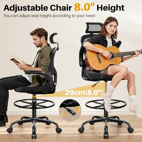 FINATI Drafting Chair, Tall Office Chair for Standing Desk, Ergonomic High Back with Headrest, Lumbar Support, Foot Ring and Flip-up Armrests, Black FINATI