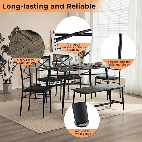 VINGLI 55in Modern Dining Table Set for 6, Rectangular Kitchen Dining Table, Bench, 6 Piece Wooden Dinner Table Set with Upholstered Chairs for Kitchen, Dining Room, Apartment - Dark Grey VINGLI