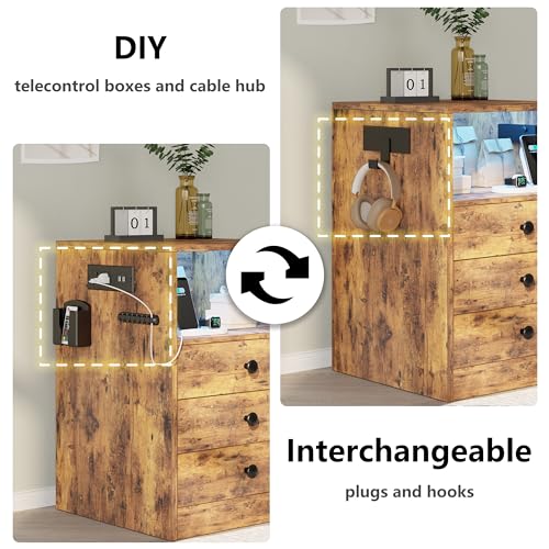 LIKIMIO Nightstand with Charging Station and 3 Drawers, LED Lights End Side Table with Interchangeable sockets and Hooks, Vintage Brown LIKIMIO