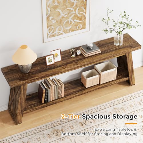 Condemo 70.9" Extra Long Entryway Table, Farmhouse Wood Console Table with Storage, 2-Tier Narrow Sofa Table Behind Couch for Living Room, Hallway, Entrance, Foyer, Rustic Brown Condemo