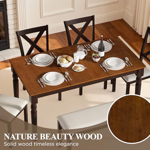 LUXOAK 6-Piece Solid Wood Dining Table Set, Upholstered Chair w/Bench Seat, Seating for 6, 60'' Farmhouse Wood Kitchen Chairs Set for Living Room, Dining Room, Brown & Black Finish LUXOAK