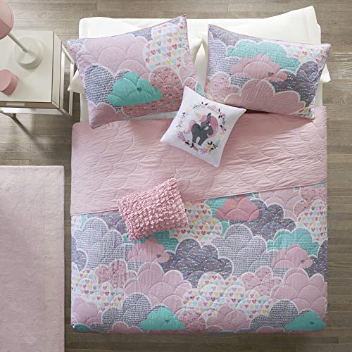 Intelligent Design Kids Reversible Cotton Quilt Set - Vibrant Fun, Playful Print, All Season Children Bedding Coverlet Bedspread, Decorative Pillow, Bedroom Décor, Full/Queen, Cloud Pink 5 Piece Intelligent Design