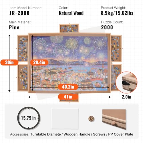 VEVOR 2000 Piece Puzzle Board with 6 Drawers and Cover, 40.2"x29.4" Rotating Wooden Jigsaw Puzzle Plateau, Portable Puzzle Accessories for Adult, Puzzle Organizer & Puzzle Storage System, Gift for Mom VEVOR