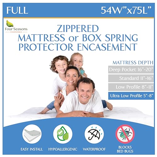 Full Size Mattress or Box Spring Encasement (5" to 8" Depth) - Low Profile Waterproof Zippered Protector Hypoallergenic Premium Bed Cover Protects from Dust Allergens Four Seasons Essentials