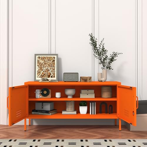 Aiasuit Orange Lockable Metal TV Stand Entertainment Center, Heavy Duty Storage Cabinet Supports 80+ Inch TVs, Multifunctional Media Console for Home Living Room Office 22" H X 35.4" W X 13.8" D Aiasuit