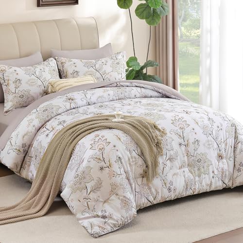 Luxudecor Floral Comforter Set King Size 7 Pieces Bed in a Bag, Beige Paisley Flower Bed Set, Soft Lightweight Comforter with Sheet Set 104"x90" Luxudecor