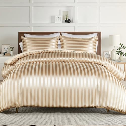 Whale Flotilla 3-Piece Reversible Silky Soft Queen Comforter Set, Luxury Stripe Satin Comforters Full Size Bedding Set with 2 Satin Pillowcases, Lightweight Duvet for All Seasons, Champagne Whale Flotilla