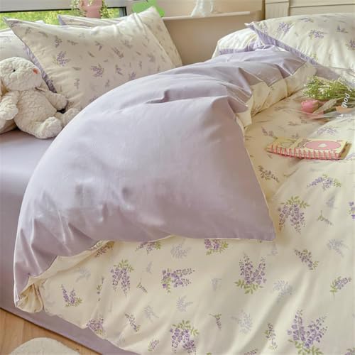 Sedefen Floral Duvet Cover Queen Size Lavender Purple Romantic Flower Bedding Set 3 Pcs Kids Boys Girls Women Spring Aesthetic Green Botanical Soft Breathable Comforter Cover with Zipper Closure Sedefen