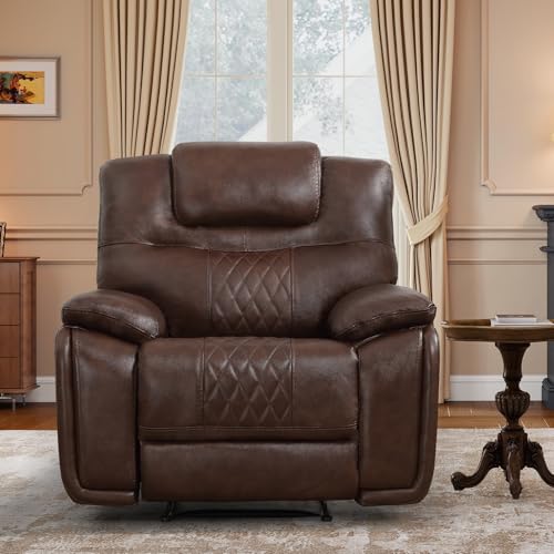 ANJ Genuine Leather Recliner Chair, Manual Reclining Chair with Ergonomic Design, Oversized Single Sofa Recliner with Soft Armrest and Flexible Footrest for Living Room,Red Brown