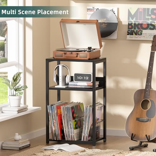 LELELINKY Record Player Stand, 3-Tier End Side Table with Vinyl Record Storage, Vinyl Record Holder Up to 120 Albums, Turntable Stand with Vinyls Storage for Music Living Room LELELINKY