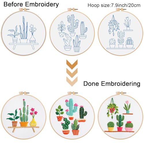 Louise Maelys 3 Sets Cactus Embroidery Kits for Beginners,Cross Stitch Kit for Adults,Crewel Starters Needlepoint with Plants Pattern, Hoop and Instruction