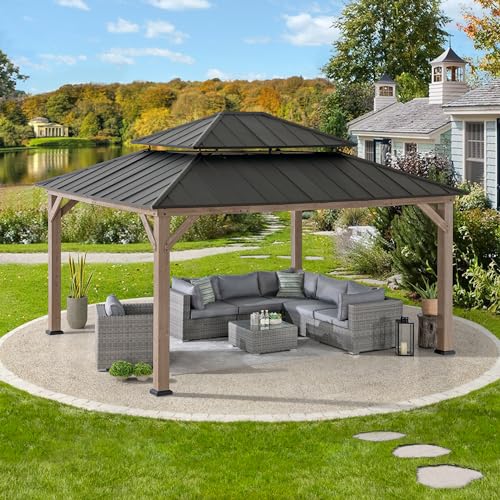Sunjoy 13 x 15 ft. Wood Gazebo, Outdoor Patio Steel Hardtop Gazebo, Cedar Framed Wooden Gazebo with 2-Tier Metal Roof, Suitable for Patios, Lawn and Backyard, Dark Brown Roof + Dark Wood Frame Sunjoy