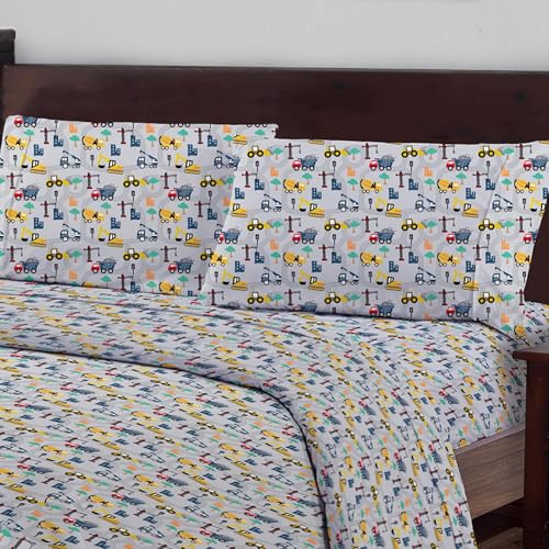 Softan Kids Bed Sheet Set, 3-Piece Twin Sheets Set, Microfiber Fitted Sheet with 15 Inches Deep Pocket and Corner Straps, Breathable & Silky Soft Excavator Pattern Sheet and Pillowcase Sets Softan