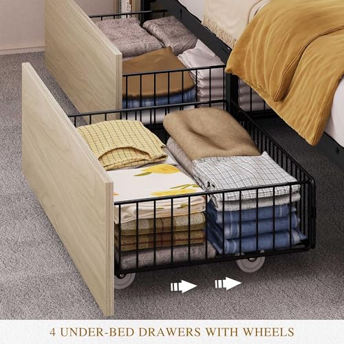 YITAHOME King Bed Frame with Bookcase Headboard and 4 Storage Drawers, RGB LED Light Bed with Type-C & USB Charging Station Storage Headboard Bed Frame, No Box Spring Needed, Noise Free, Antique White YITAHOME