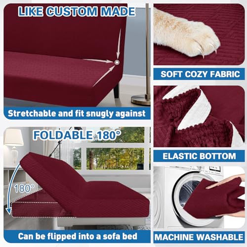 ZNSAYOTX Stretch Fit Futon Cover (67"-82") Armless Futon Sofa Bed Slipcover with Elastic Band, Universal Foldable Sofa Mattress Protector Full Queen Size, Washable Comfort Jacquard (Wine Red) ZNSAYOTX