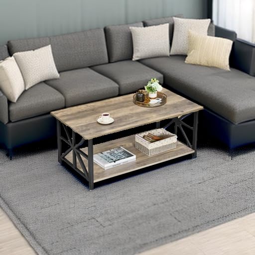 GreenForest Coffee Table for Living Room with Round Corners Farmhouse Style Center Table with Storage Shelf 39 Inch Space Saving Easy Assembly Gray Wash GreenForest