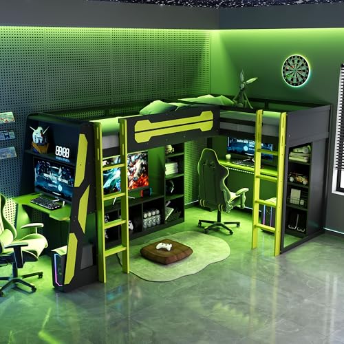 Merax Twin Size Gaming Loft Bed with Desk, TV Stand and Storage Shelves, Solid Wood Dual Twin Bed Frame with RGB LED Lights & USB Ports for Teens Bedroom, Space-Saving Design, Reversible Layout, Green Merax