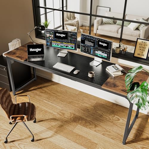Huuger Computer Desk, 80 Inch Office Desk, Gaming Desk with Storage, Writing Desk Work Desk for Home Office, Study, Long Simple Desk, Large Legroom, Metal Frame, Rustic Brown and Black Huuger