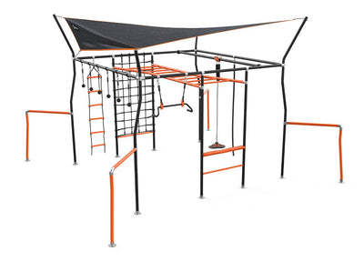 Vuly Adventure Quest Monkey Bars Extra Large Playset & Jungle Gym with Powder Coated Galvanized Steel, Shade Cover, Cargo Net, Ninja Grips, Flying Fox, Gym Rope, Climbing Ladder & Monkey Swing