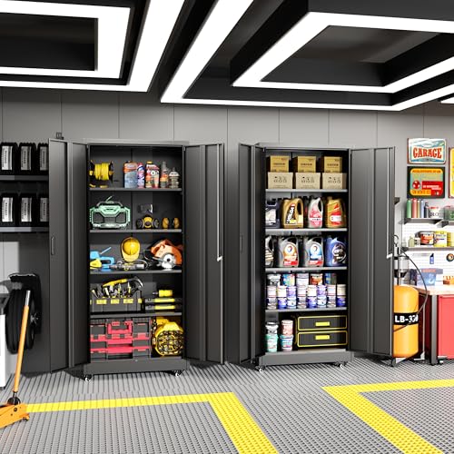 Greenvelly 73" Storage Cabinet with Wheels,Metal Rolling Garage Cabinet with Locking Doors and 4 Adjustable Shelves for Home,Kitchen,Office,Warehouse(32" W x 16" D) Greenvelly