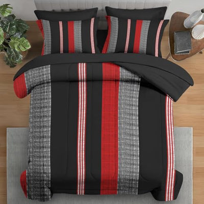 Pamnest Comforter Set Full Size, Red Black Vintage 7 Pcs Bedding for Kids and Adults, Geometric Striped Abstract Bed Sheet Sets with Fitted Sheet 2 Pillowcases & 2 Shams for Bedroom Bed Decor