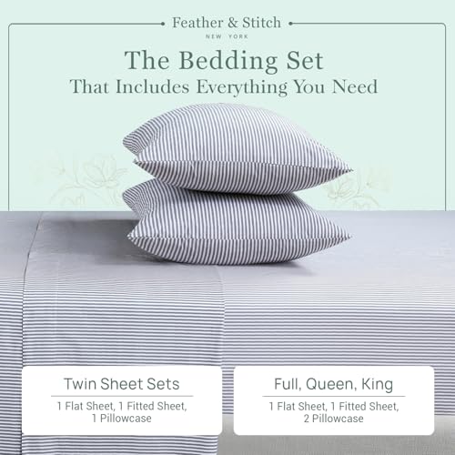 Feather & Stitch Softest 100% Cotton Sheets, 300 Thread Count Percale Weave Bedding, 16" Deep Pocket, Cooling Sheets, Breathable Bed Set, Hotel Premium Quality (Queen, Grey Stripe) FEATHER & STITCH NEW YORK