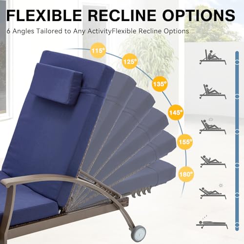 Mvpipi Outdoor Chaise Lounge Chairs Set of 2 with Wheels & Adjustable Backrest, Pool Lounge Chairs Set of 2 with Cushions, Wicker Poolside Lounge Chairs for Patio Deck Backyard, Blue