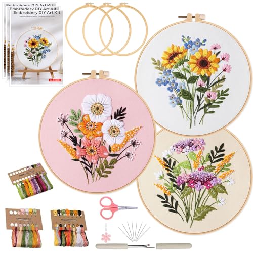 Ohcol 3 Sets Embroidery Kit for Beginners Cross Stitch Kits Needlepoint Kits Crafts for Adults with 3 Embroidery Hoops Easy-to-Follow Operating Instructions,Needle Point Kits with Flowers Patterns