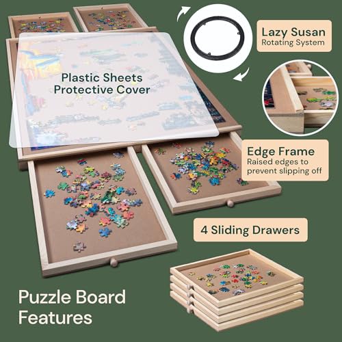 PLAYVIBE Rotating Jigsaw Puzzle Board with Drawers 1000 Piece – Puzzle Table with Cover, 4 Drawers, 22 1/4” x 30" – Wooden Puzzle Organizer – Puzzle Accessories PLAYVIBE
