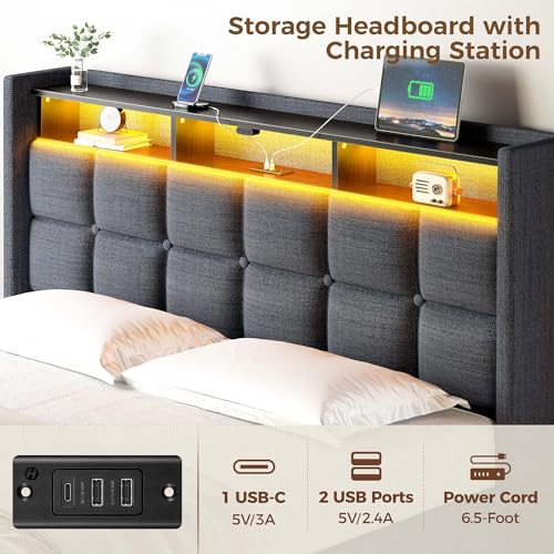 Rolanstar Bed Frame Full Size with Lift Up Storage, Charging Station & LED Lights, Upholstered Storage Headboard, Heavy Duty Wooden Slats, No Box Spring Needed, Noise Free, Easy Assembly, Dark Grey Rolanstar