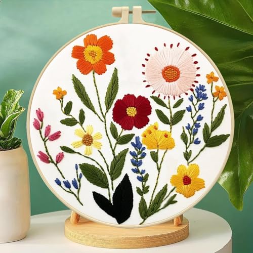 Zhenqing Flower Embroidery Kit for Beginners, Floral Hand Embroidery Starter Kit with Pattern, Wildflower Needlework Craft Set with Cotton Fabric, Hoop, Threads, Needles and Embroidery Tools (C0125)