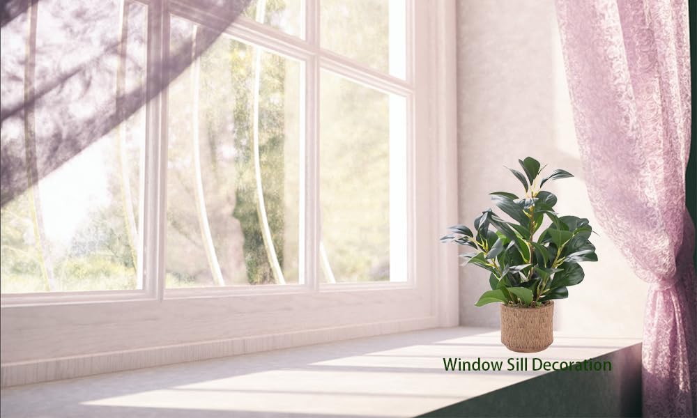 12.6" Fake Plants in Brown Ceramic Vase Real Looking and Touching Evergreen Ficus Leaf Faux Plant Indoor for Book Shelf Bathroom Office Desk Kitchen Counter Bedroom Small Space Artificial Plant Decor Ewtogift