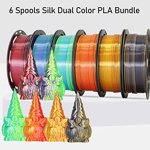 MIKA3D 6 Spools Bicolor Dual Color 1.75mm 3D Printer Filament Bundle, 3D Printing Silk PLA, Silk Black-Red/Purple-Green/Blue-Green/Red-Gold/Gold-Copper/Black-Orange, 3D Printing PLA 250g X 6 Spools
