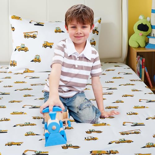 3-Piece Twin Size Bed Sheet Set by Coukouchyi, Soft & Breathable Kids Fitted & Flat Sheet for Boys with Deep Pocket, Construction Cars Cokouchyi
