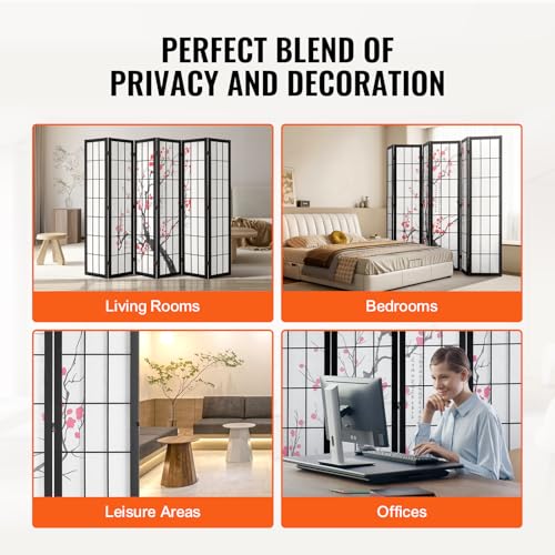 VEVOR Room Divider, 6 Panel Japanese Room Divider Screen, Wood Folding Privacy Screen Indoor, Japanese Partition Portable Decoration Dividers, for Room Separation Home Office Restaurant & Bedroom VEVOR