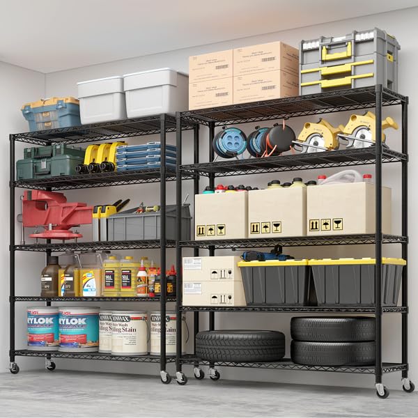 Orixforce Heavy Duty Wire Shelving Unit with Wheels – 5-Tier Adjustable Metal Storage Rack, NSF Certified Steel Shelves, 3125lbs Capacity Garage, Pantry, Commercial Shelving, 74" H x 59" W x 17.72" D Orixforce