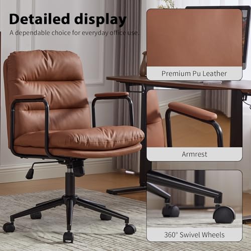 Home Office Chair with Arms, Swivel Criss Cross Chair with Wheels, Comfortable PU Leather Office Desk Chair, Ergonomic Adjustable Height Task Chair with Tilt Lock, Brown Shenyon