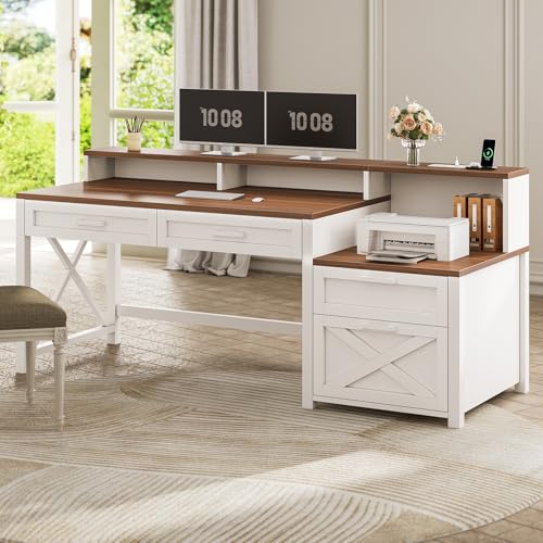 SEDETA Farmhouse Home Office Desk with File Drawer & Power Outlet, Computer Desk with 4 Drawer, Storage Shelves, Printer Cabinet and Monitor Shelf, Gaming Desk with Led Lights, White SEDETA