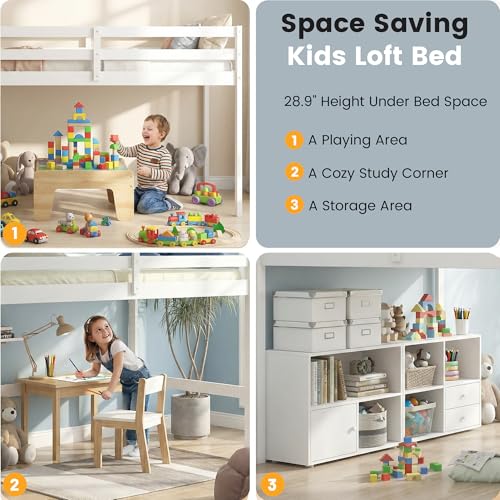 MoproBeti Low Loft Bed with Stairs, Wood Twin Size Kids Loft Bed with Guard Rails,Junior Low Loft Beds with Under-Bed Storage for Small Room/Low Ceiling Bedroom,White MoproBeti