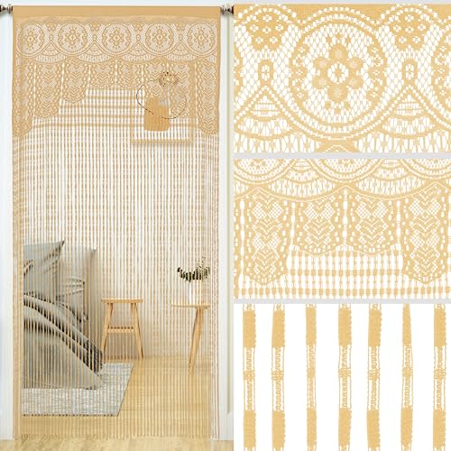 YaoYue Macrame Lace Door String Curtain for Doorways,Room Divider Doorway Hippie Window Panel Room Divider Wall Closet Curtains for Bedroom Closet Door Drapes (35×79in/90×200cm,Champagne) YaoYue