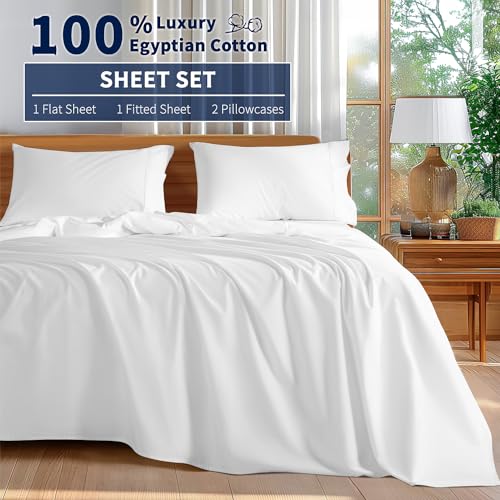 Shilucheng 100% Cotton Queen Size Sheets Set - 600 Thread Count,Luxury Egyptian Cotton Bed Sheets,5-Star Hotel Quality Sheets, Breathable & Cooling, 16 Inch Deep Pocket - 4 Piece (White, Queen)