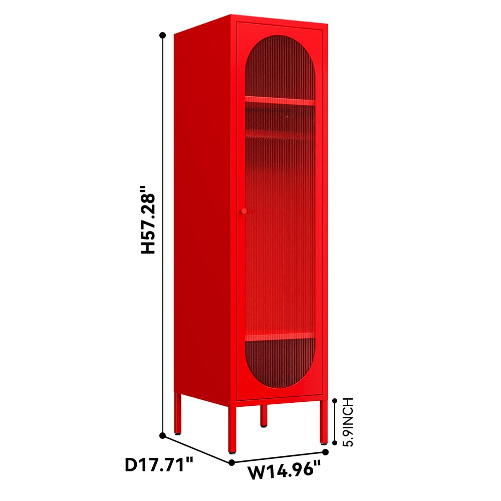 Metal Wardrobe Coat Cabinet with Adjustable Shelves and Hanging Rod,Storage Closet Locker for Bedroom,Kids Room,Office, Home, School,Almirah for Clothes,blanket. (Single Transparency Door, Red) Fumedo