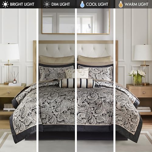 Madison Park Aubrey Cozy Comforter Set, Faux Silk Jacquard Paisley Design - All Season Down Alternative Bedding with Cotton Bed Sheets, Bed Skirt & Toss Pillows, King Black 12 Piece Madison Park
