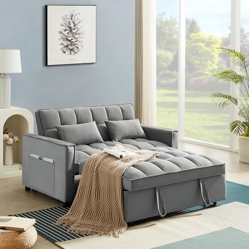 Anwick Modern Sleeper Sofa Bed,3-in-1 Convertible Pull Out Couch Bed Futon Sofa w/Reclining Adjustable Backrests,Pillows,55''Velvet Loveseat Sofa for Compact Home Bedroom Office (Grey, 55'') Anwick
