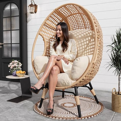 CHINNLUU Outdoor Egg Chair Wicker Oversized Egg Basket Chair with Stand Lounger Chairs with Cushion 500lbs Capacity for Patio Garden Backyard Balcony (Ivory - Plaid, 1 PCS)